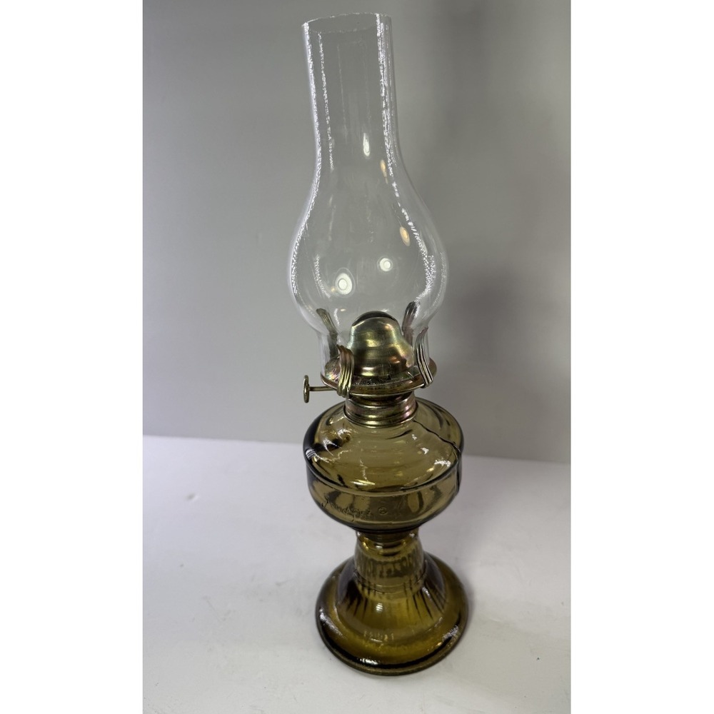 Vintage Goldfish Green Glass Kerosene Oil Lamp Ribbed Pedestal Base ~12" Cottage